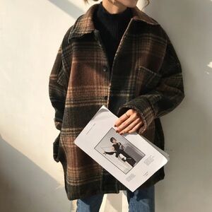 Vintage Brown Plaid Oversized Wool Blend Coat - One Size